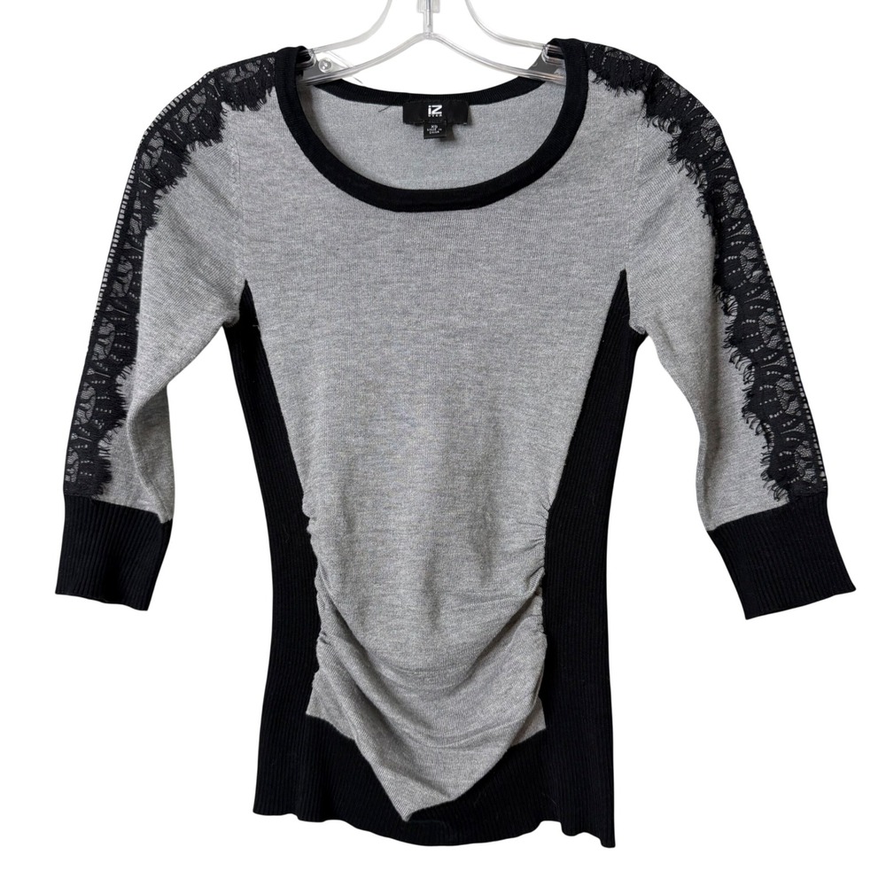 IZ Byer Sweater Top Womens XS Grey Black Lace Ruched 3/4 Sleeve Y2K Whimsigoth